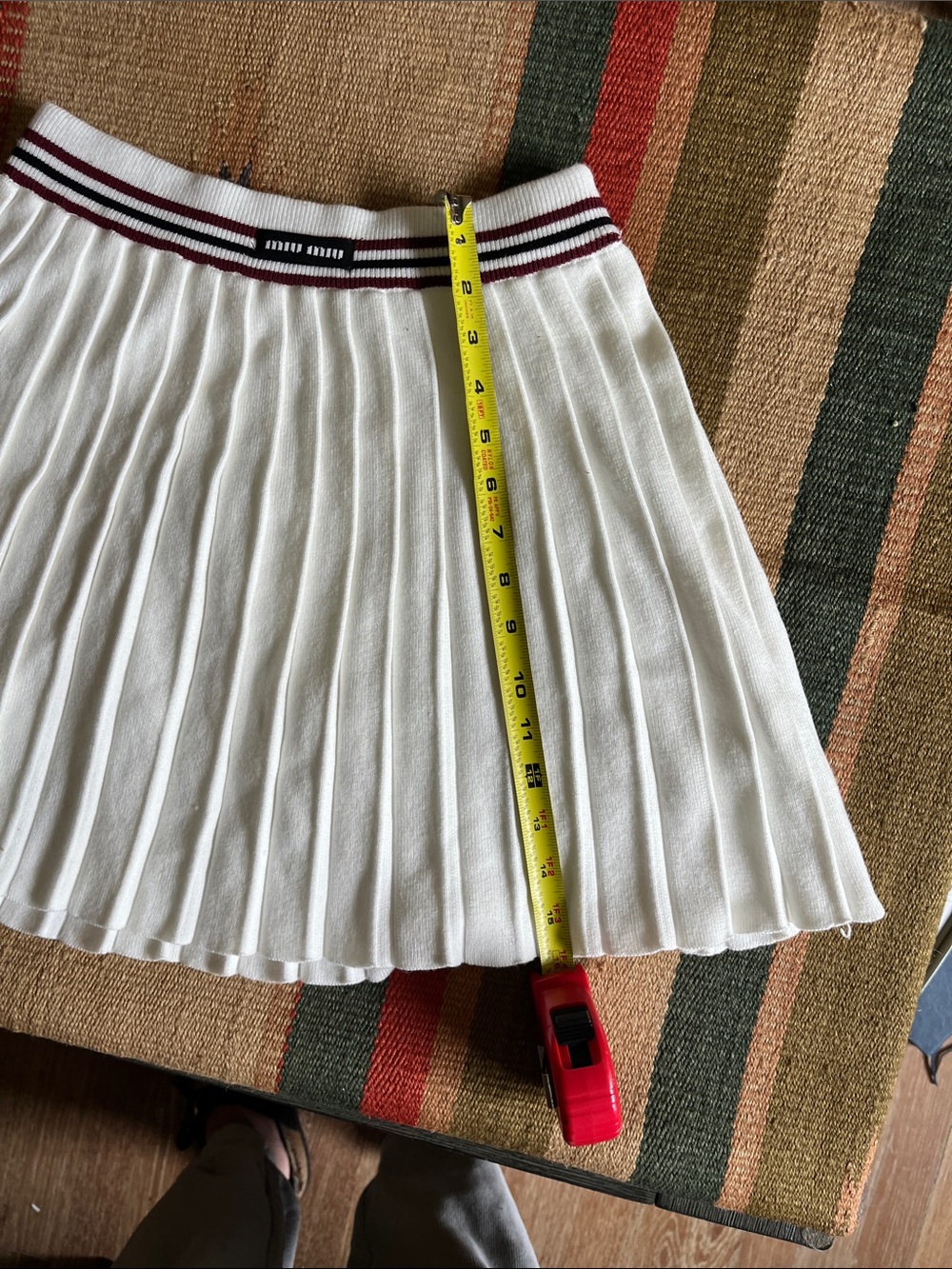 Miu Miu Knock-Off White Pleated Skater Skirt with Maroon and Black Waistband - Picture 3 of 4